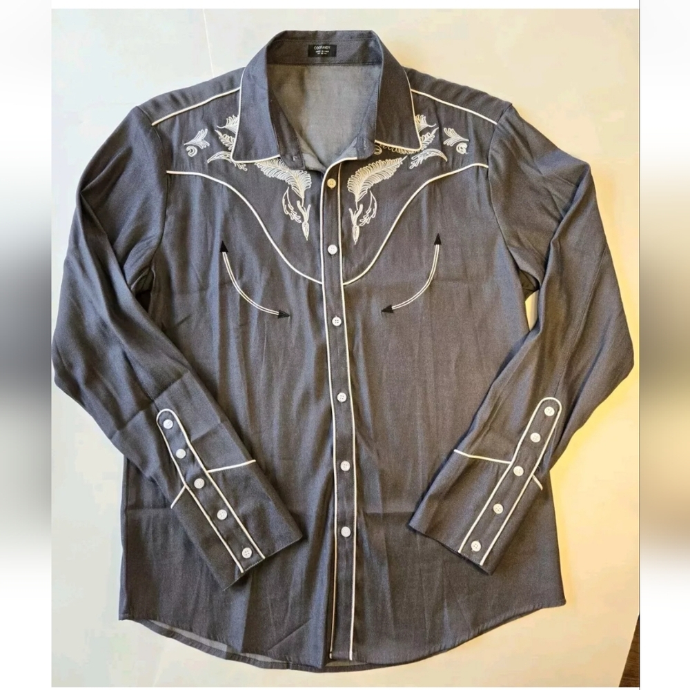Coofandy Mens Shirt Medium Dark Gray Embroidered Western Rodeo Cowboy Cotton